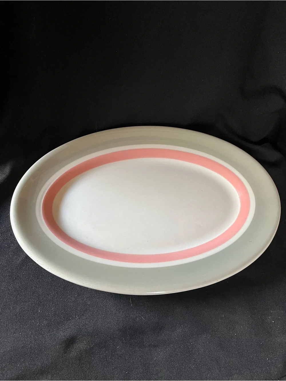 Oval Ceramic Serving Platter in White with Pink Band